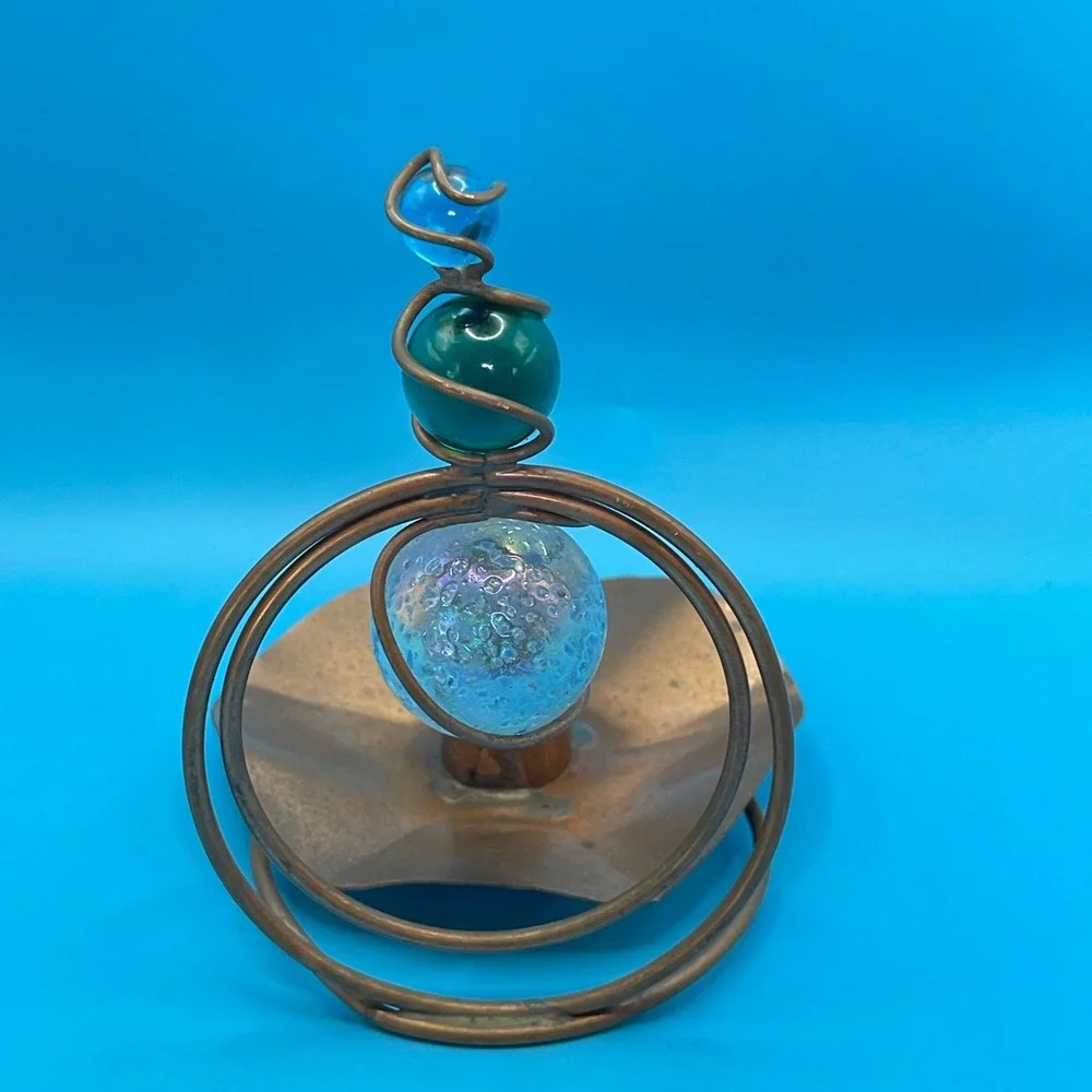 Artisan Copper Wire Glass Orb Candle Holder Sculpture Blue Green Mixed Media‎